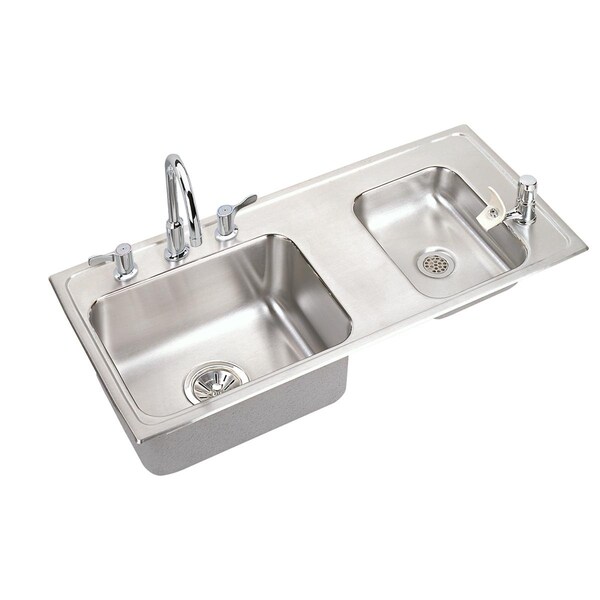 Lustertone Stainless Steel 37-1/4X17X7-5/8 60/40 Double Bowl Top Mount Classroom Sink+Faucet/Bubbler